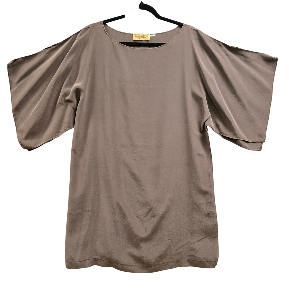 Karen Zambos Vintage Couture Silk Kimono Sleeve Tunic Top Brown Lβ USA Neutral